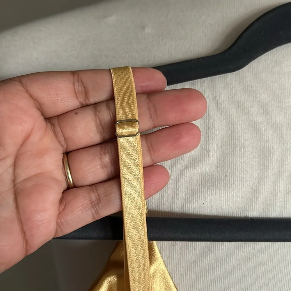 Womens Gold Satin Wireless Leotard Bodysuit w/ Adjustable Straps - Size L - Picture 7 of 11